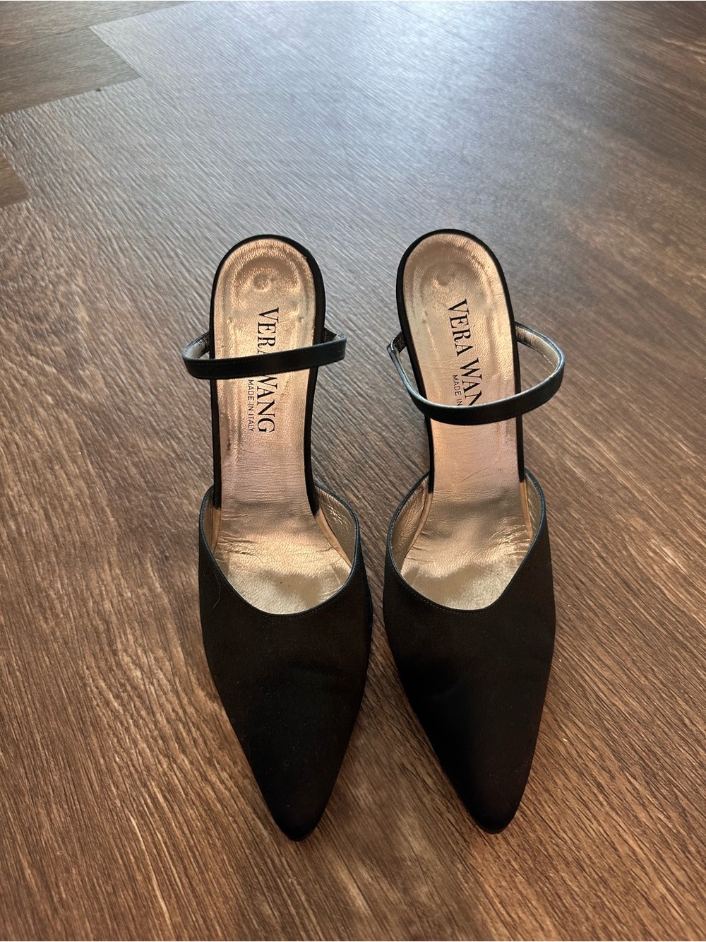 Vera Wang Black Pointed Slingback Heels with Ankle Strap